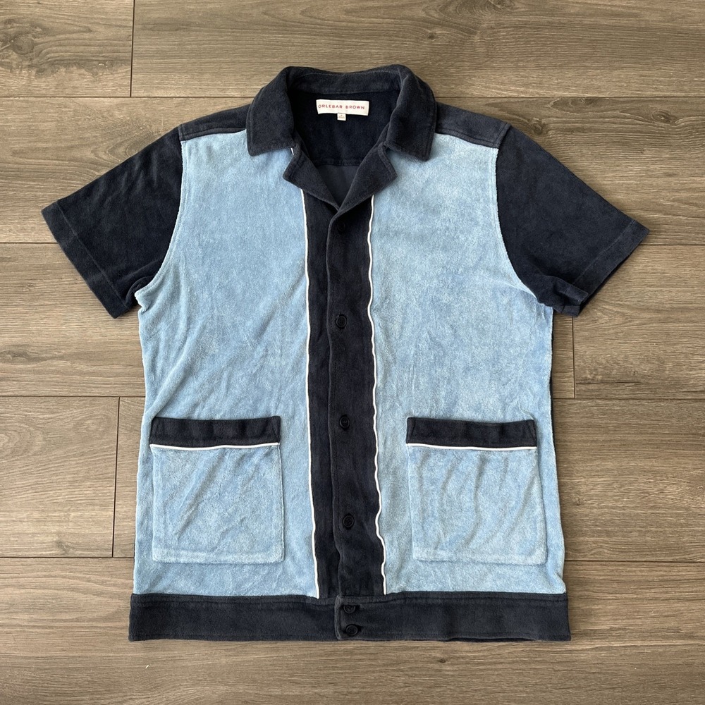Orlebar Brown Mens M Short Sleeve Terry Cloth Button Up Shirt Blue 2-Tone